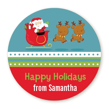 Santa And His Reindeer - Round Personalized Christmas Sticker Labels