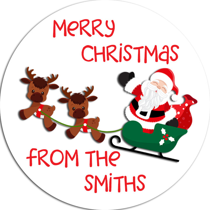 Santa and his Reindeers - Round Personalized Christmas Sticker Labels