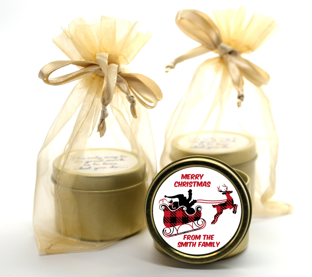 Santa Sleigh Red Plaid - Christmas Gold Tin Candle Favors