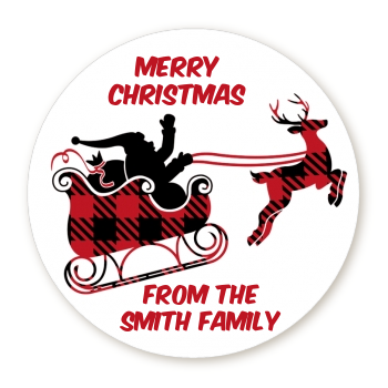 Santa Sleigh Red Plaid - Round Personalized Christmas Sticker Labels