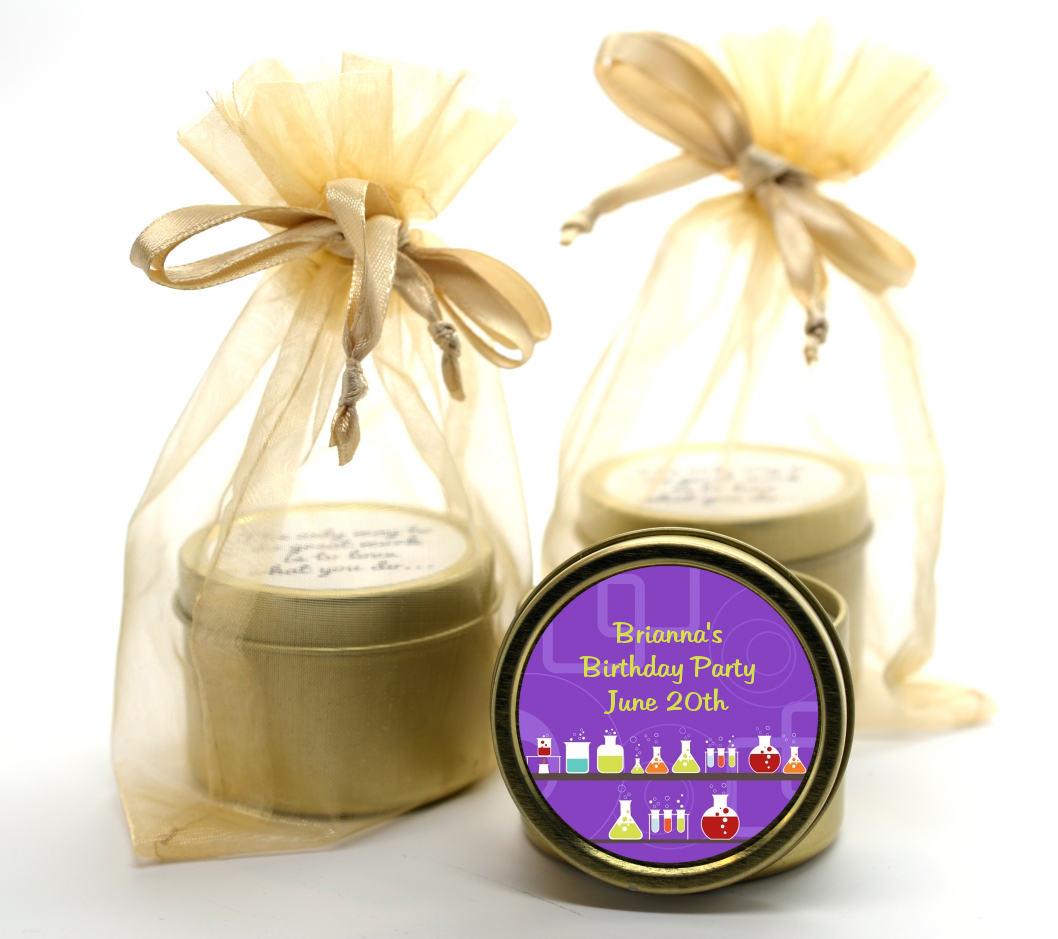 Science Lab - Birthday Party Gold Tin Candle Favors