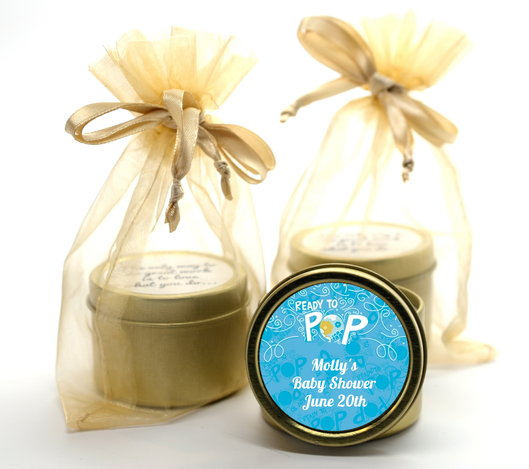 She's Ready To Pop Blue - Baby Shower Gold Tin Candle Favors