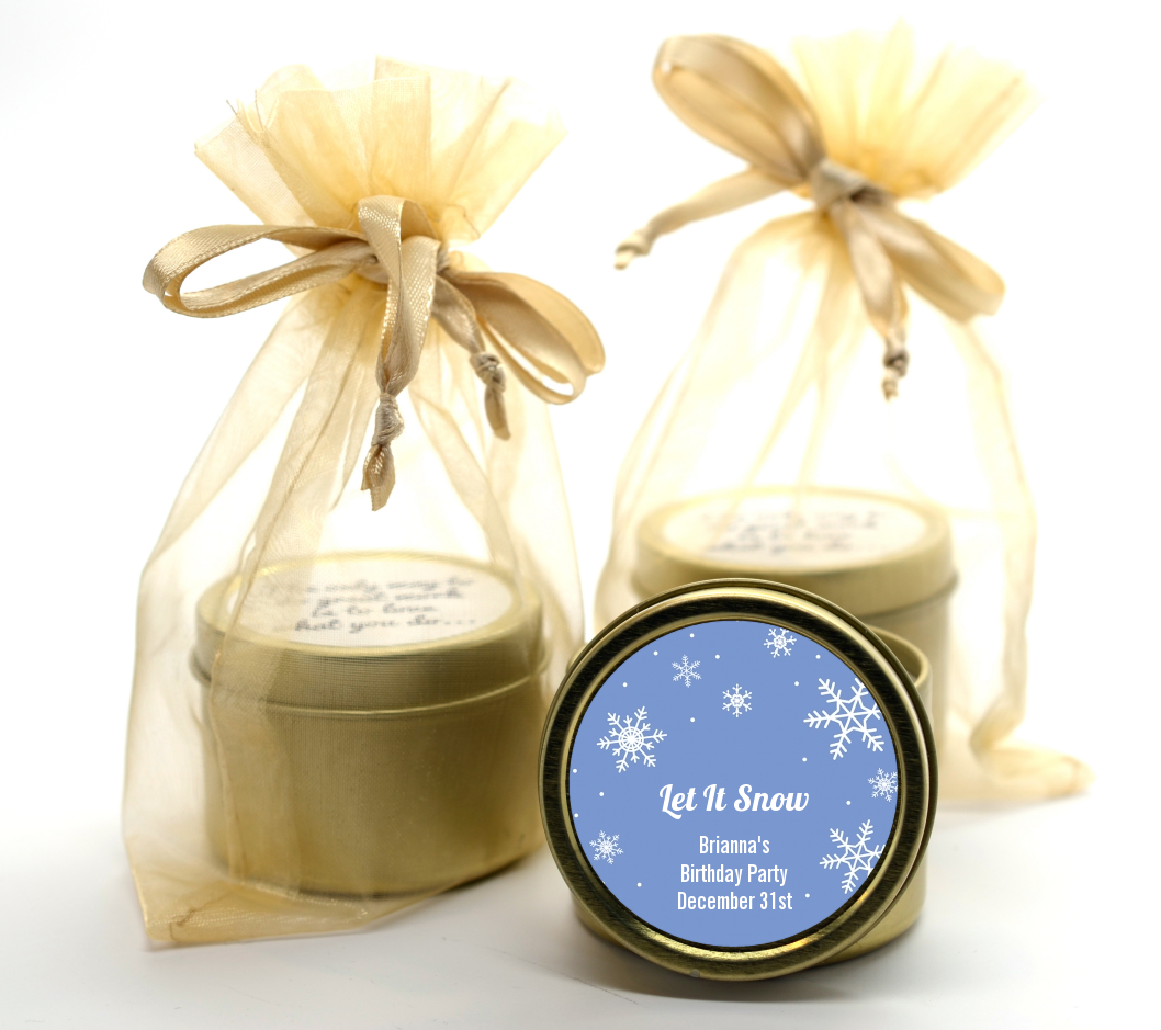 Snowflakes - Birthday Party Gold Tin Candle Favors
