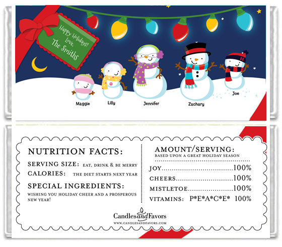 Snowman Family with Lights - Personalized Christmas Candy Bar Wrappers