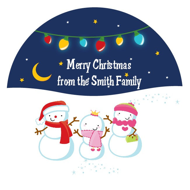 Snowman Family with Lights - Round Personalized Christmas Sticker Labels