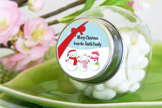 Snowman Family with Snowflakes - Personalized Christmas Candy Jar