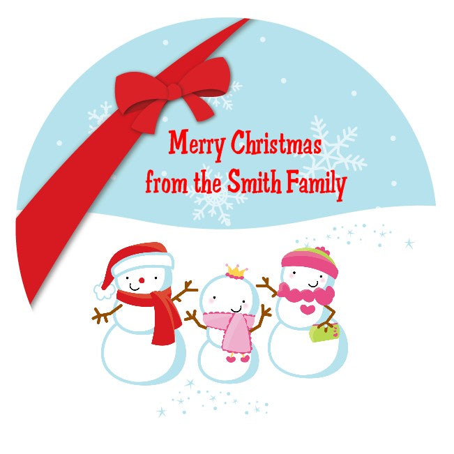 Snowman Family with Snowflakes - Round Personalized Christmas Sticker Labels