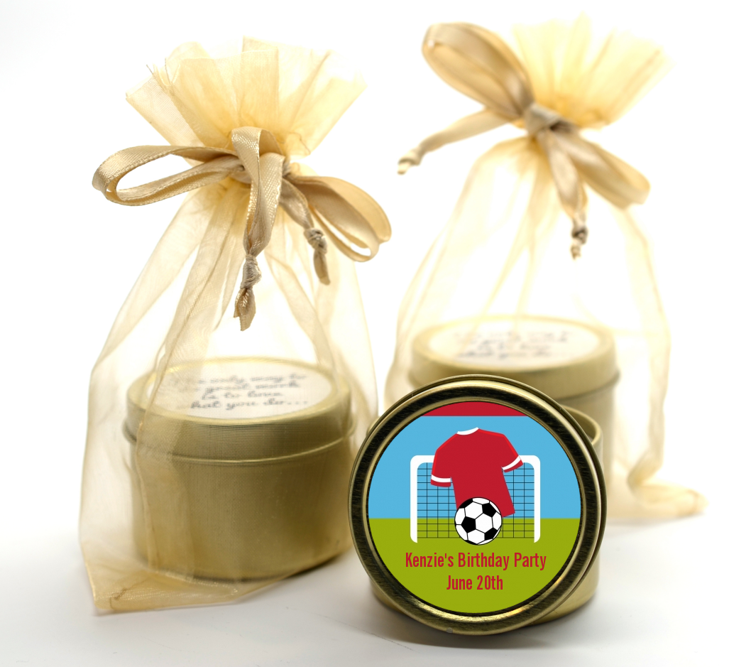 Soccer - Birthday Party Gold Tin Candle Favors