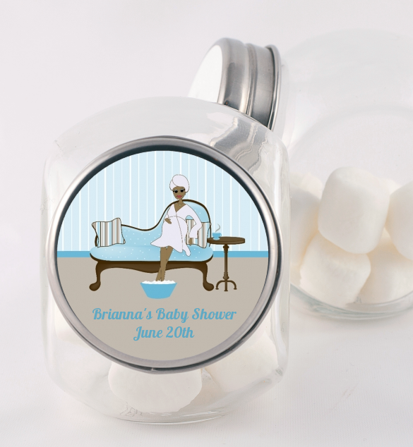 Spa Mom Blue African American - Personalized Baby Shower Candy Jar