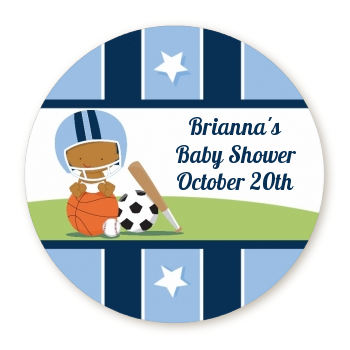 Sports Baby African American - Round Personalized Baby Shower Sticker Labels
