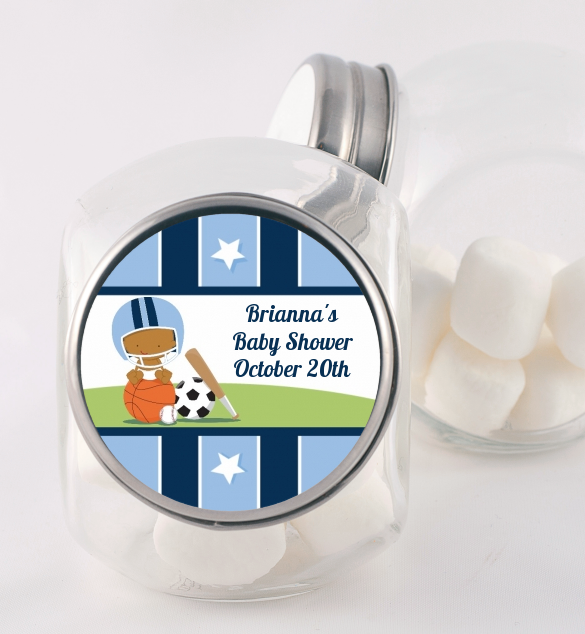 Sports Baby African American - Personalized Baby Shower Candy Jar