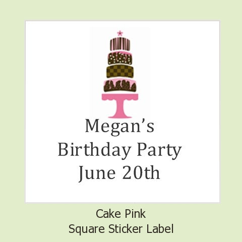 Cake Pink & Brown - Square Personalized Birthday Party Sticker Labels