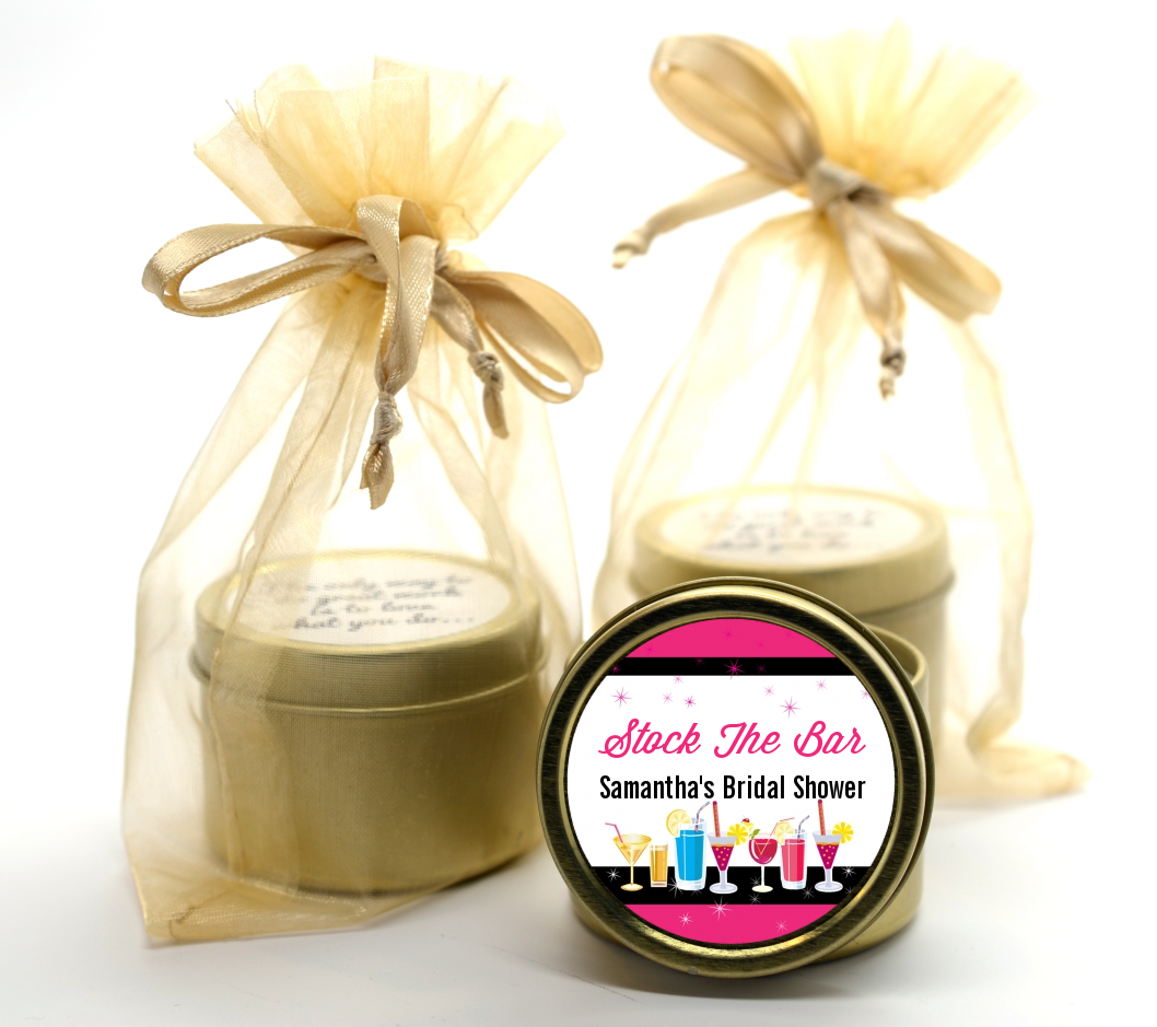 Stock the Bar Cocktails - Bridal Shower Gold Tin Candle Favors