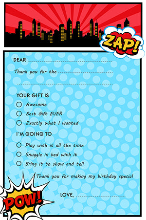 Calling All Superheroes - Birthday Party Fill In Thank You Cards