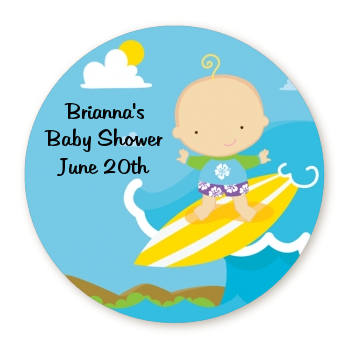Surf Boy - Round Personalized Baby Shower Sticker Labels