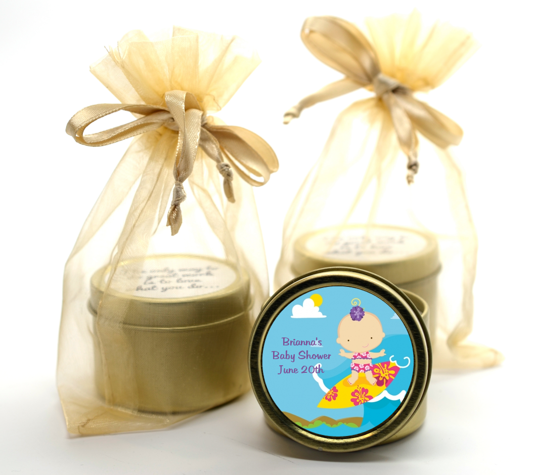 Surf Girl - Baby Shower Gold Tin Candle Favors
