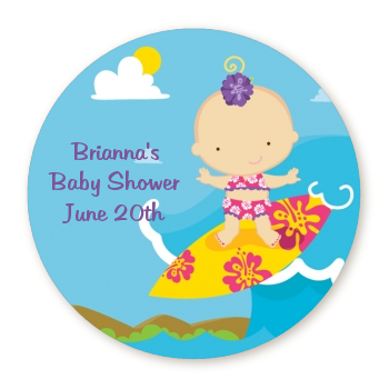 Surf Girl - Round Personalized Baby Shower Sticker Labels