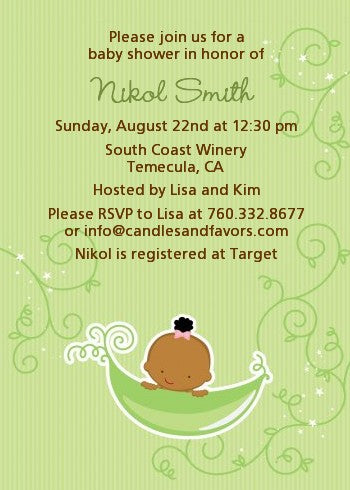 Sweet Pea African American Girl - Baby Shower Invitations