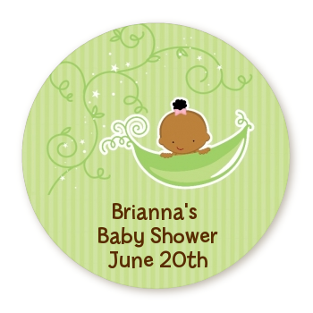 Sweet Pea African American Girl - Round Personalized Baby Shower Sticker Labels
