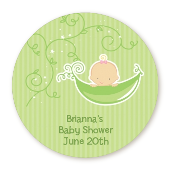 Sweet Pea Caucasian Girl - Round Personalized Baby Shower Sticker Labels