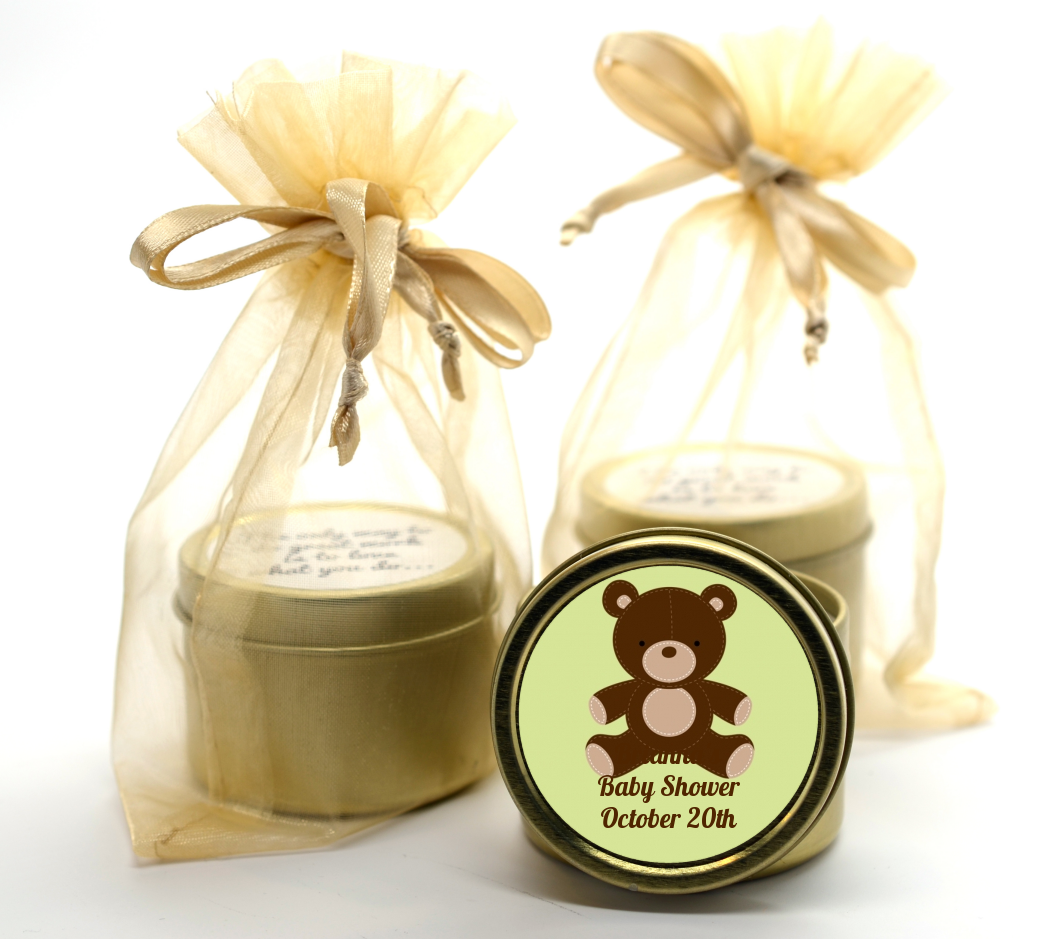 Teddy Bear Neutral - Baby Shower Gold Tin Candle Favors