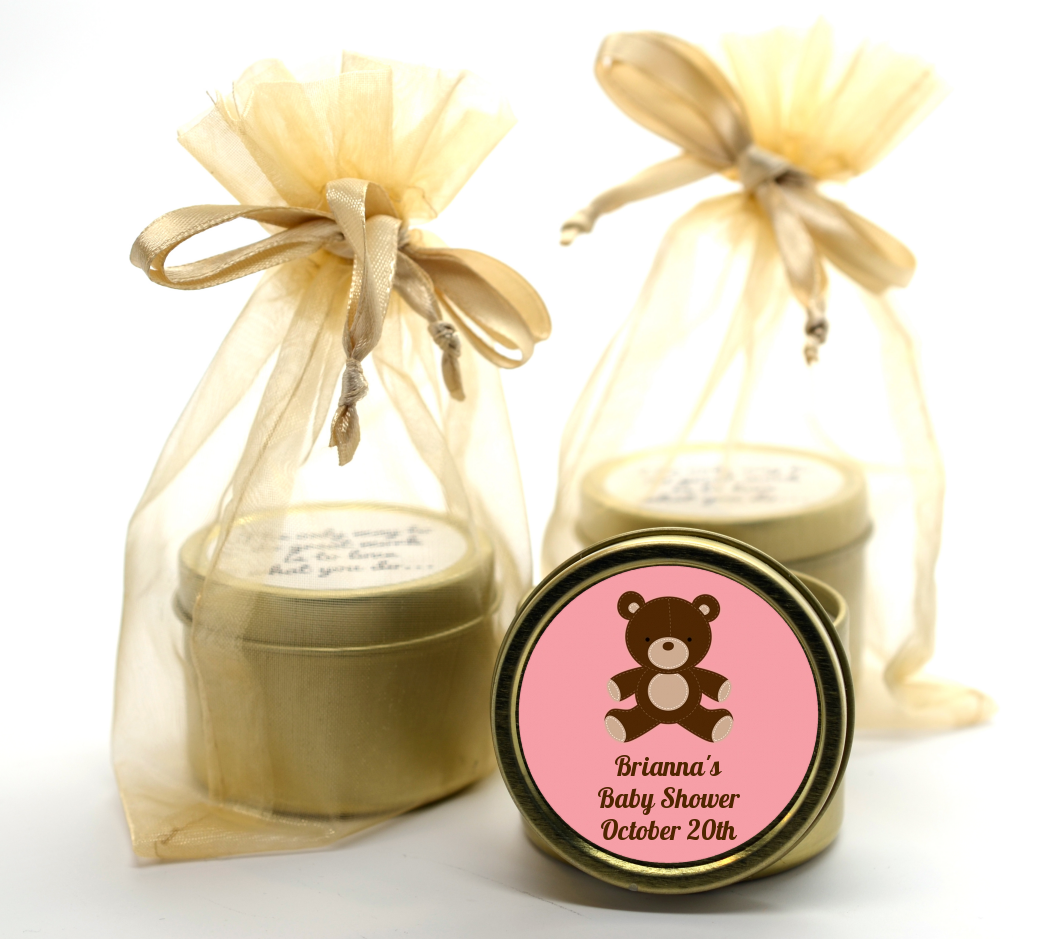 Teddy Bear Pink - Baby Shower Gold Tin Candle Favors