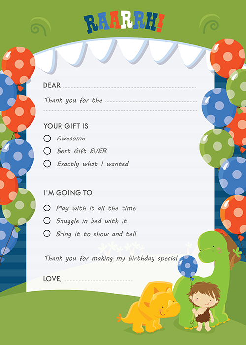 Dinosaur and Caveman - Birthday Party Fill In Thank You Cards