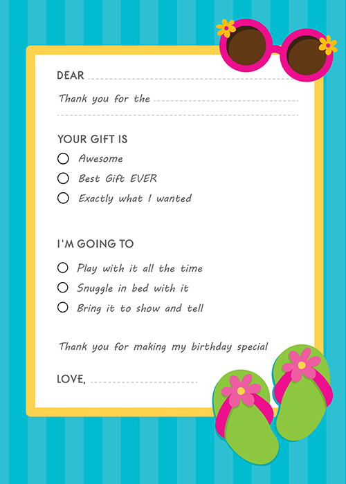 Flip Flops Girl Pool Party - Birthday Party Fill In Thank You Cards