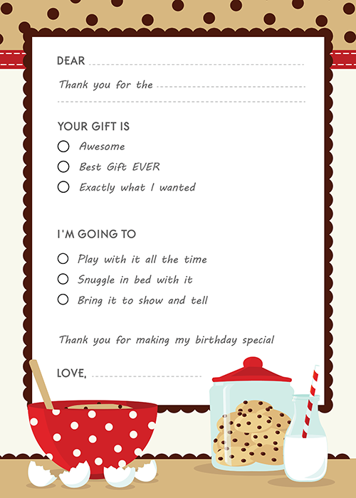 Milk & Cookies - Birthday Party Fill In Thank You Cards