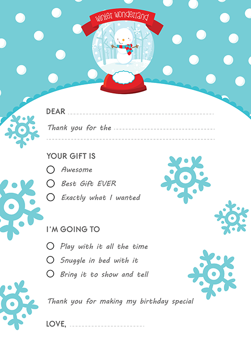 Snow Globe Winter Wonderland - Birthday Party Fill In Thank You Cards