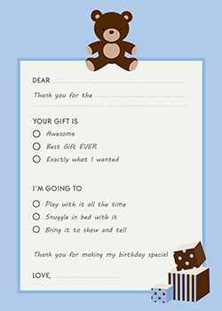 Teddy Bear Blue - Birthday Party Fill In Thank You Cards
