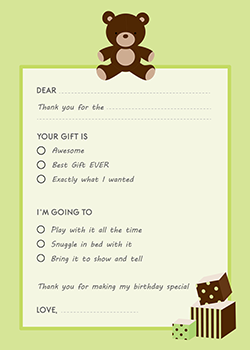 Teddy Bear Neutral - Birthday Party Fill In Thank You Cards