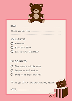 Teddy Bear Pink - Birthday Party Fill In Thank You Cards