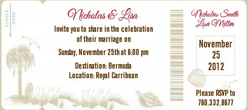 Beach Scene - Bridal Shower Destination Boarding Pass Invitations