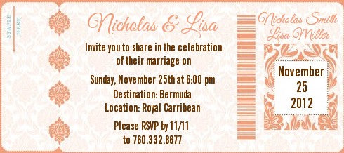 Orange Damask - Bridal Shower Destination Boarding Pass Invitations