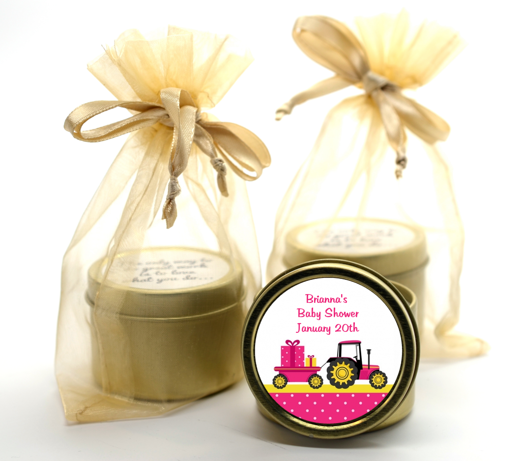 Tractor Truck Pink - Baby Shower Gold Tin Candle Favors