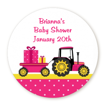 Tractor Truck Pink - Round Personalized Baby Shower Sticker Labels