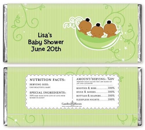 Triplets Three Peas in a Pod African American - Personalized Baby Shower Candy Bar Wrappers