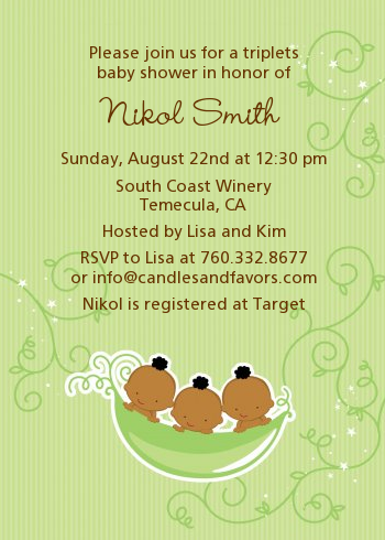 Triplets Three Peas in a Pod African American - Baby Shower Invitations