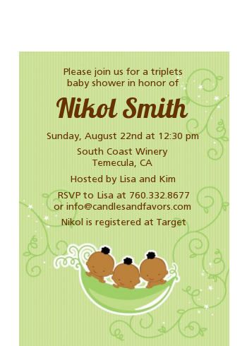 Triplets Three Peas in a Pod African American - Baby Shower Petite Invitations