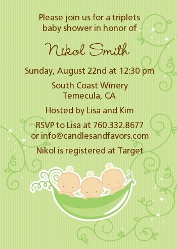 Triplets Three Peas in a Pod Caucasian - Baby Shower Invitations