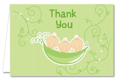 Triplets Three Peas in a Pod Caucasian - Baby Shower Thank You Cards