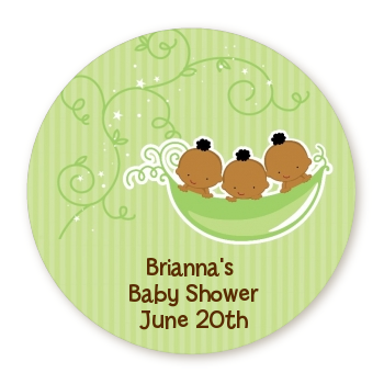 Triplets Three Peas in a Pod African American - Round Personalized Baby Shower Sticker Labels