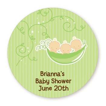 Triplets Three Peas in a Pod Caucasian - Round Personalized Baby Shower Sticker Labels