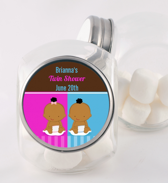 Twin Babies 1 Boy and 1 Girl African American - Personalized Baby Shower Candy Jar