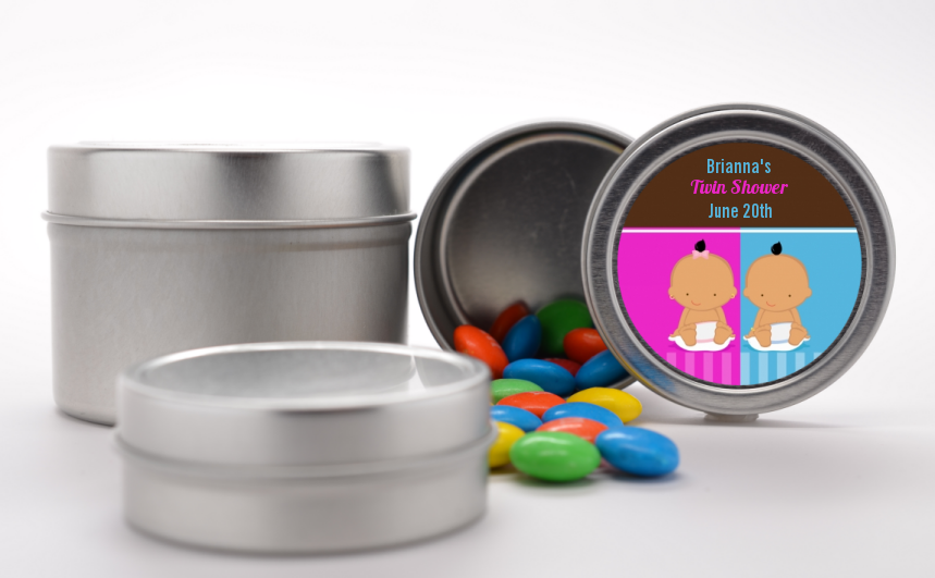 Twin Babies 1 Boy and 1 Girl Hispanic - Custom Baby Shower Favor Tins