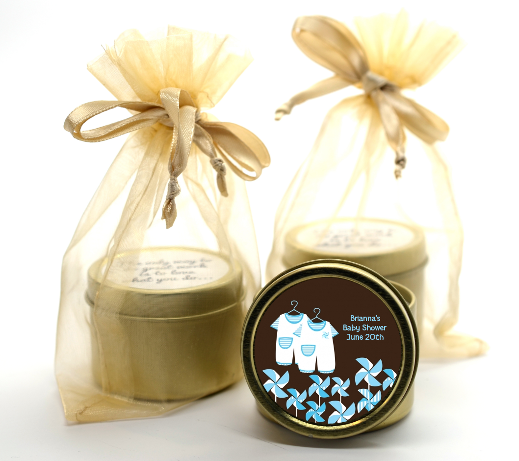 Twin Little Boy Outfits - Baby Shower Gold Tin Candle Favors