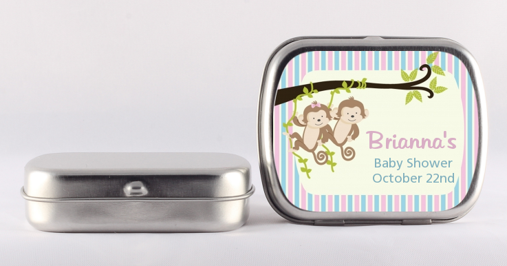 Twin Monkey 1 Girl and 1 Boy - Personalized Baby Shower Mint Tins