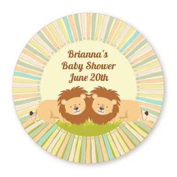 Twin Lions - Round Personalized Baby Shower Sticker Labels