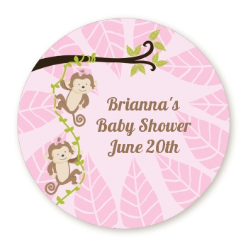 Twin Monkey Girls - Round Personalized Baby Shower Sticker Labels